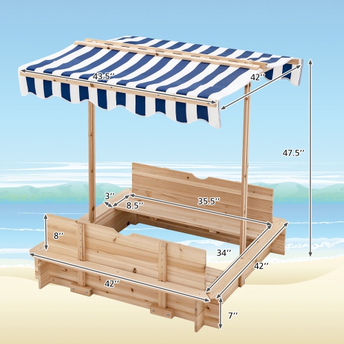 Gymax Kids Wooden Sandbox with Canopy & Foldable Bench Seats
