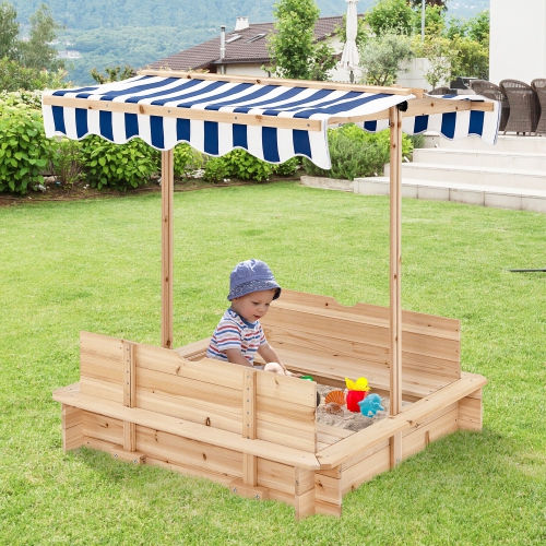 Gymax Kids Wooden Sandbox with Canopy & Foldable Bench Seats