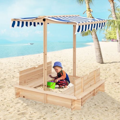 Gymax Kids Wooden Sandbox with Canopy & Foldable Bench Seats