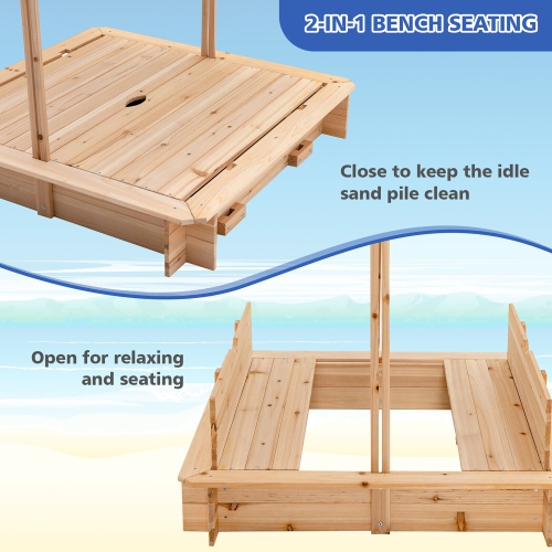 Gymax Kids Wooden Sandbox with Canopy & Foldable Bench Seats