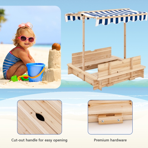 Gymax Kids Wooden Sandbox with Canopy & Foldable Bench Seats