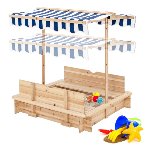 Gymax Kids Wooden Sandbox with Canopy & Foldable Bench Seats