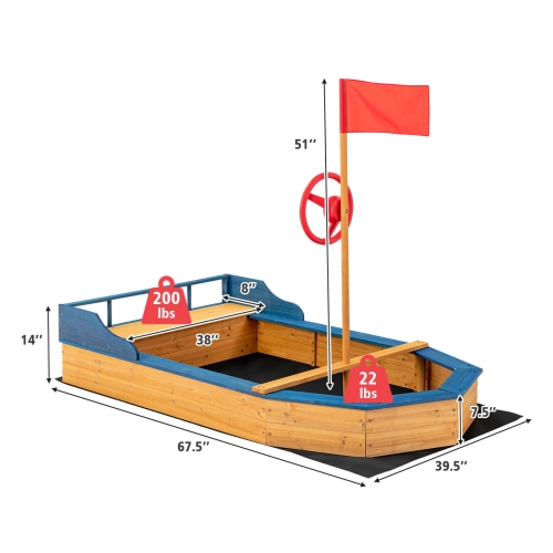 Gymax Kids Pirate Boat Wood Sandbox w/ Storage Box & Non-Woven Fabric Liner