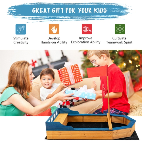 Gymax Kids Pirate Boat Wood Sandbox w/ Storage Box & Non-Woven Fabric Liner