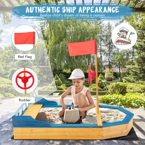 Gymax Kids Pirate Boat Wood Sandbox w/ Storage Box & Non-Woven Fabric Liner