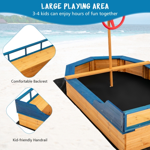 Gymax Kids Pirate Boat Wood Sandbox w/ Storage Box & Non-Woven Fabric Liner