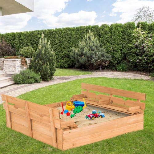 Gymax Kids Large Wooden Sandbox Outdoor Cedar Sandpit with 2 Bench Seats