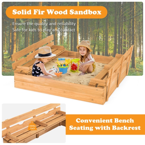 Gymax Kids Large Wooden Sandbox Outdoor Cedar Sandpit with 2 Bench Seats