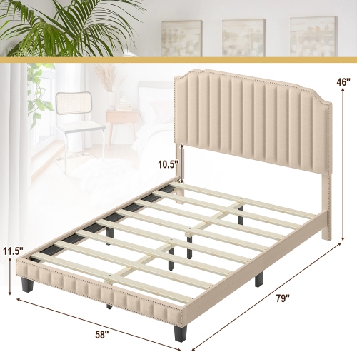 Gymax Twin/Full/Queen Upholstered Bed Frame with linen fabric vertical lines Rivets headboard