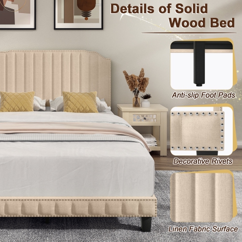 Gymax Twin/Full/Queen Upholstered Bed Frame with linen fabric vertical lines Rivets headboard