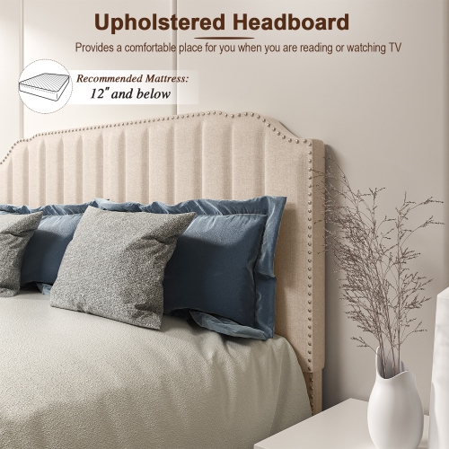 Gymax Twin/Full/Queen Upholstered Bed Frame with linen fabric vertical lines Rivets headboard