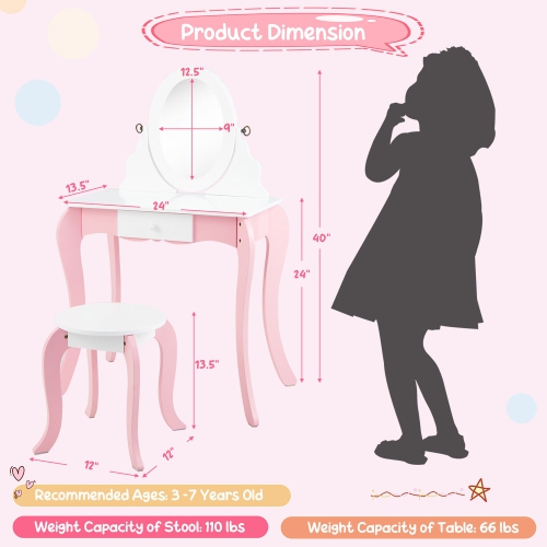 Gymax Pretend Kids Vanity Set Makeup Dressing Table 2-in-1 Mirror & Whiteboard