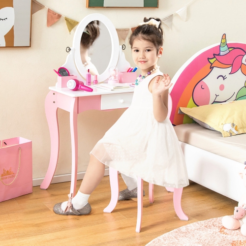 Gymax Pretend Kids Vanity Set Makeup Dressing Table 2-in-1 Mirror & Whiteboard