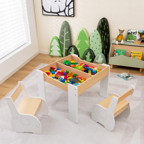 Gymax 4-in-1 Kids Wooden Table & 2 Chairs Set w/ Storage Detachable Blackboard Drawing