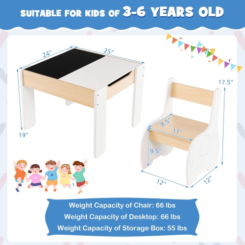 Gymax 4-in-1 Kids Wooden Table & 2 Chairs Set w/ Storage Detachable Blackboard Drawing