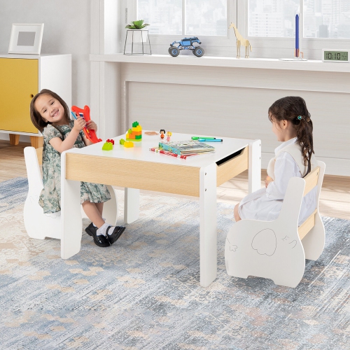 Gymax 4-in-1 Kids Wooden Table & 2 Chairs Set w/ Storage Detachable Blackboard Drawing