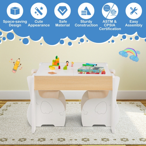 Gymax 4-in-1 Kids Wooden Table & 2 Chairs Set w/ Storage Detachable Blackboard Drawing