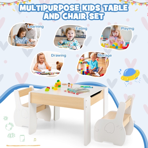 Gymax 4-in-1 Kids Wooden Table & 2 Chairs Set w/ Storage Detachable Blackboard Drawing