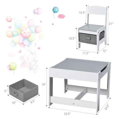 Gymax 3 in 1 Kids Wood Table Chairs Set w/ Storage Box Blackboard Drawing Grey