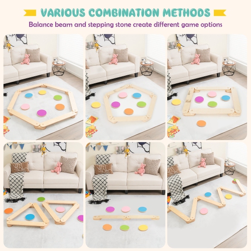 Gymax Kids Wooden Balance Beam with Colorful Steeping Stones 12 Piece Obstacle Course