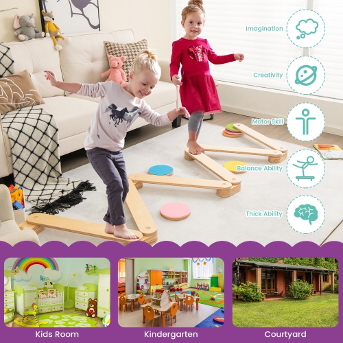 Gymax Kids Wooden Balance Beam with Colorful Steeping Stones 12 Piece Obstacle Course