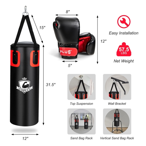 Gymax 56Lbs Filled Punching Bag Set Kickboxing MMA Thai Training w/ Hand Wraps Hanger