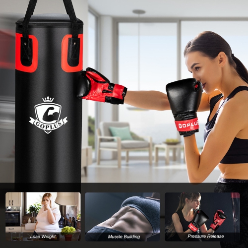 Gymax 56Lbs Filled Punching Bag Set Kickboxing MMA Thai Training w/ Hand Wraps Hanger