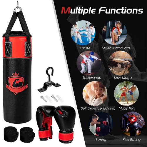 Gymax 11Lbs Kids Punching Boxing Bag Set w/ Hand Wraps Punching Gloves Bag Hook Hanging