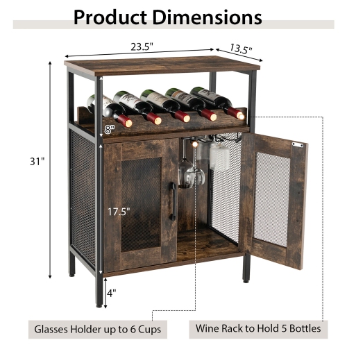 Gymax Industrial Liquor Bar Cabinet Buffet Sideboard Detachable Wine Rack Glass Holder