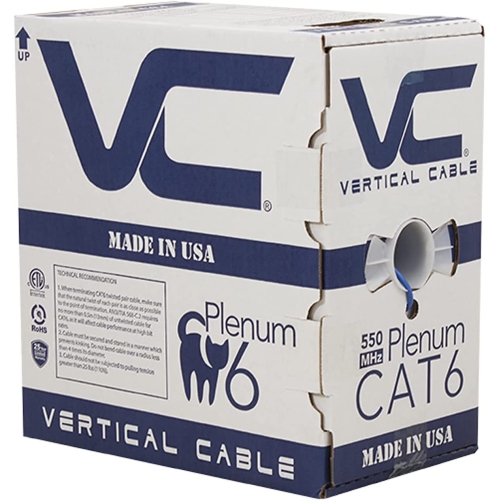 Vertical Cable CAT6 Solid Bare Copper Plenum Cable, 1000ft. UTP, 550MHz, 23AWG, CMP, Blue