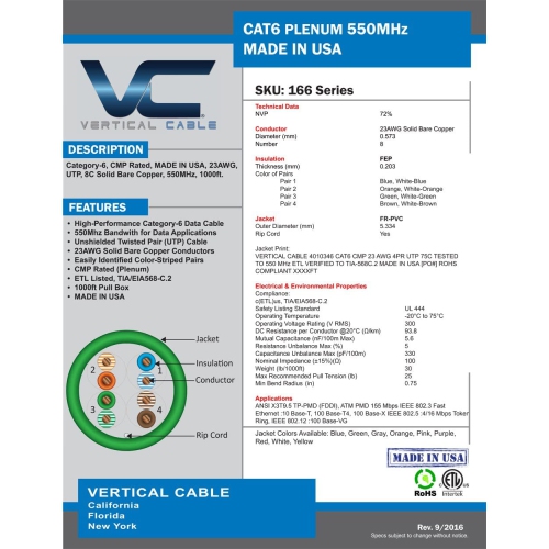 Vertical Cable CAT6 Solid Bare Copper Plenum Cable, 1000ft. UTP, 550MHz, 23AWG, CMP, Blue