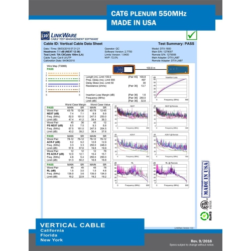 Vertical Cable CAT6 Solid Bare Copper Plenum Cable, 1000ft. UTP, 550MHz, 23AWG, CMP, Blue