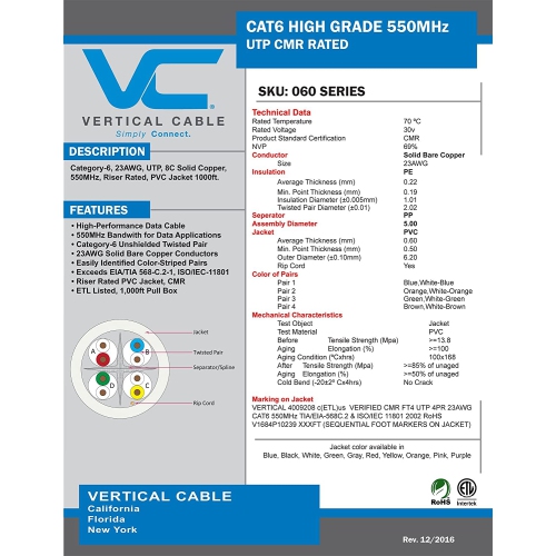 Vertical Cable CAT6 Solid Bare Copper Riser Cable, 1000ft. UTP, 550MHz, 23AWG, CMR, Blue