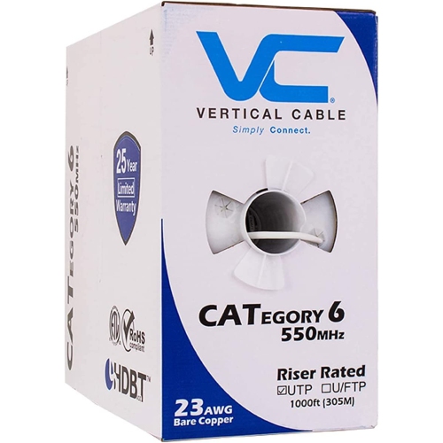 Vertical Cable CAT6 Solid Bare Copper Riser Cable, 1000ft. UTP, 550MHz, 23AWG, CMR, White