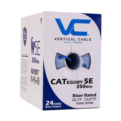 Vertical Cable CAT5e Solid Bare Copper Riser Cable, 1000ft. UTP, 350MHz, 24AWG, CMR, Blue