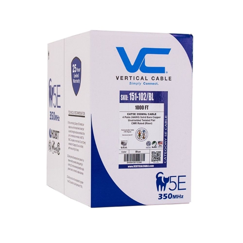 Vertical Cable CAT5e Solid Bare Copper Riser Cable, 1000ft. UTP, 350MHz, 24AWG, CMR, Blue