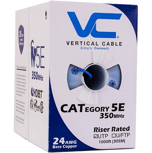 Vertical Cable CAT5e Solid Bare Copper Riser Cable, 1000ft. UTP, 350MHz, 24AWG, CMR, Blue