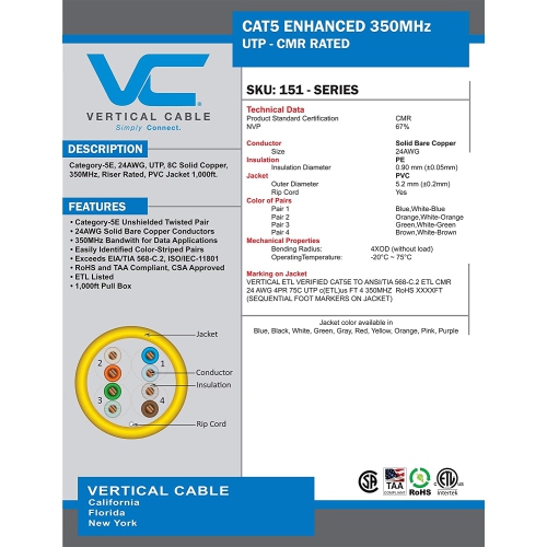 Vertical Cable CAT5e Solid Bare Copper Riser Cable, 1000ft. UTP, 350MHz, 24AWG, CMR, Blue