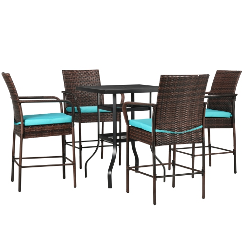 Outsunny 5-Piece Wicker Patio Bar Table Set with Cushions, Outdoor PE Rattan Dining Bar Set with Parasol Umbrella Hole Metal Tabletop High Table, 4 C