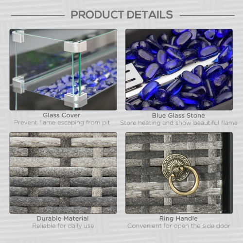 Outsunny Propane Fire Pit Table 43" Outdoor Fire Table, 50,000 BTU Pulse-Ignition Wicker Firepit Furniture with Glass Wind Guard, Blue Glass Rock,