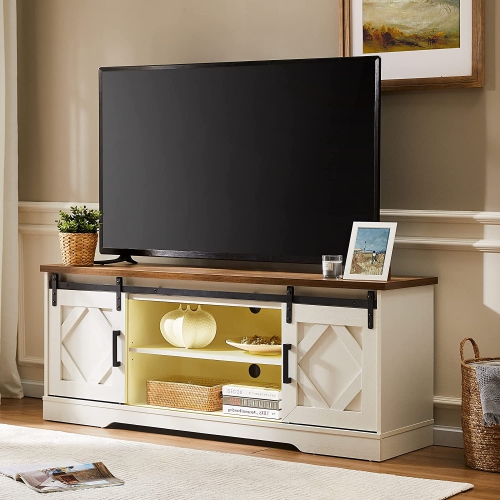 WAMPAT Farmhouse TV Stand with RBG LED Light for 65 inch TV Modern Entertainment Centre TV Console with Sliding Barn Door for Living Room, White