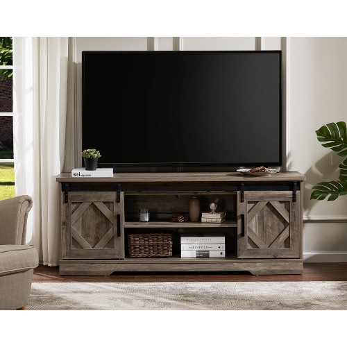 WAMPAT Grey LED Farmhouse TV Stand with USB Yellow Lights Strip for 55/65 Inch Flat Screen, Wood Media Console Table with Sliding Barn Doors for