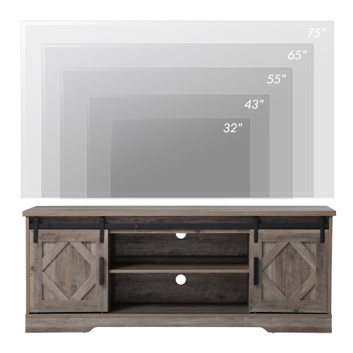 WAMPAT Grey LED Farmhouse TV Stand with USB Yellow Lights Strip for 55/65 Inch Flat Screen, Wood Media Console Table with Sliding Barn Doors for