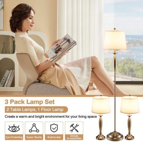 Gymax Lamp Set 3-Piece Modern Home Living Room Bedroom Nickel Finish Lamps