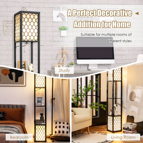 Gymax Modern Shelf Floor Lamp Freestanding Double Lamp Pull Chain & Foot Switch