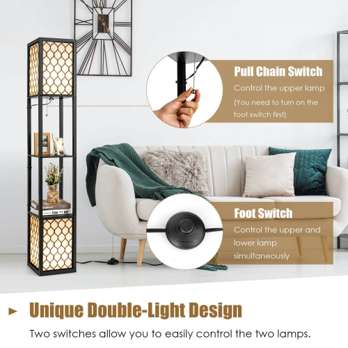Gymax Modern Shelf Floor Lamp Freestanding Double Lamp Pull Chain & Foot Switch