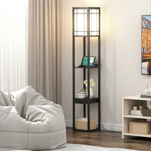 Gymax Modern Standing Shelf Floor Lamp w/ 1 Power Outlet & 2 USB Ports for Living Room