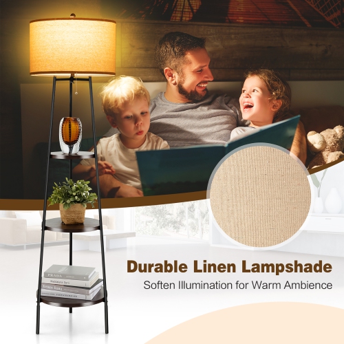Gymax Shelf Floor Lamp w/ Shelves & Linen Lampshade for Living Room Bedroom Office