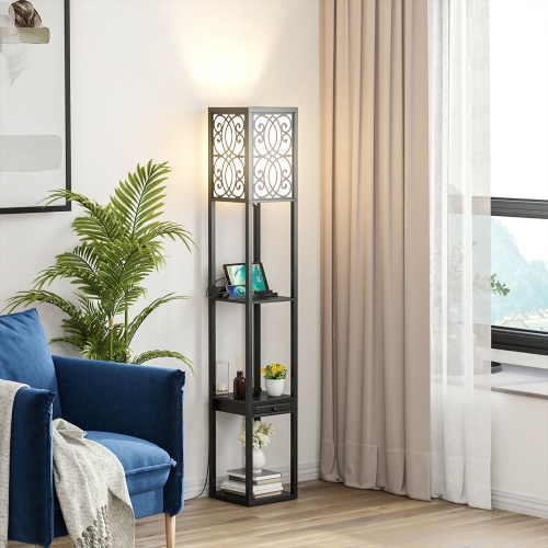 Gymax Modern Standing Shelf Floor Lamp w/ 1 Power Outlet and 2 USB Ports for Living Room