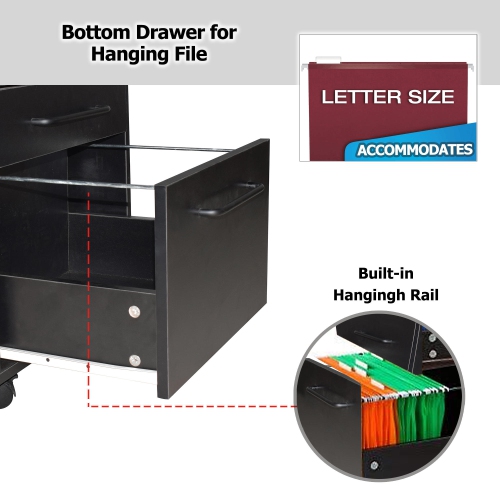 3 Drawers File Cabinet , Under Desk Vertical Rolling Mobile Filing Cabinet with 4 Casters for Letter Sized Documents